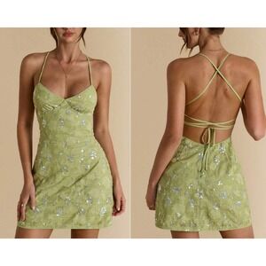 Shein BAE Mini Dress S Green New Sequin Floral Lace Backless Fairycore Coquette